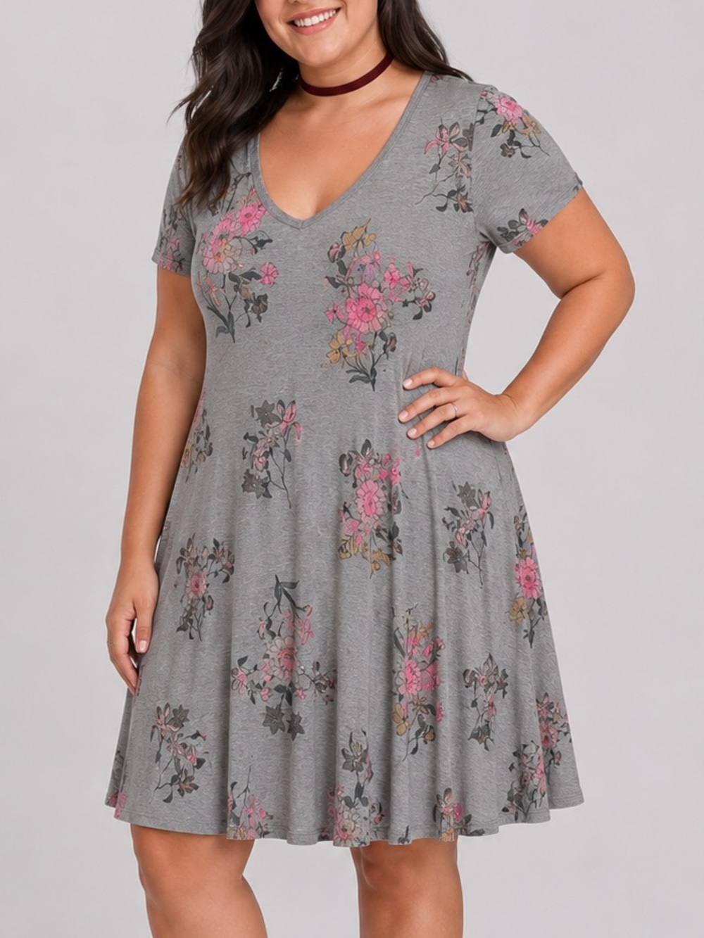 🏷️ Torrid Grey Floral Fluted Jersey Skater Dress